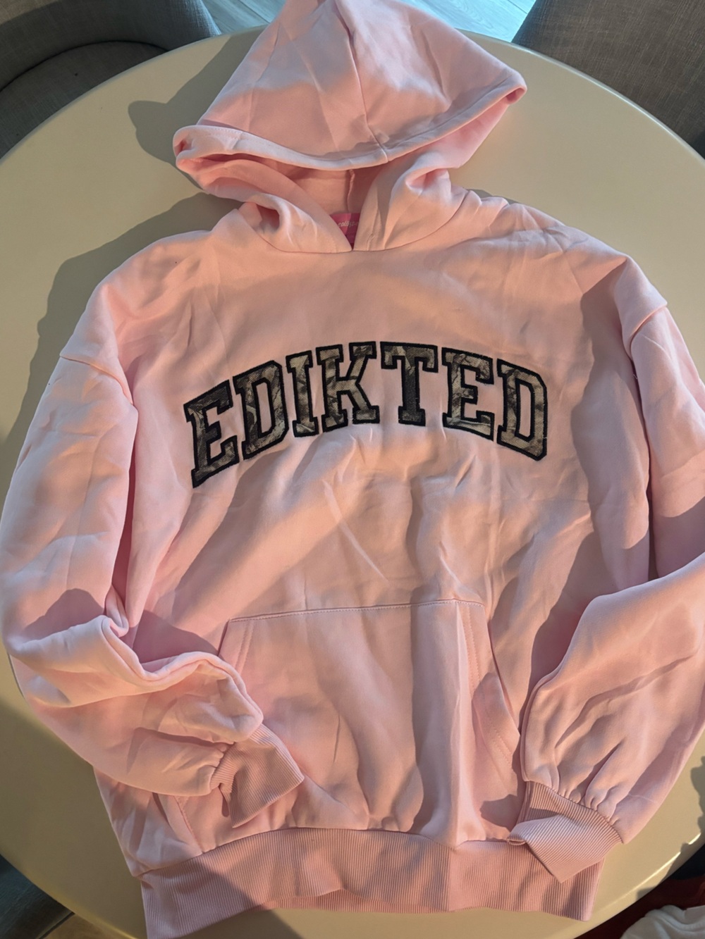 NWOT Edikted Light Pink Hoodie with CAMO Lettering